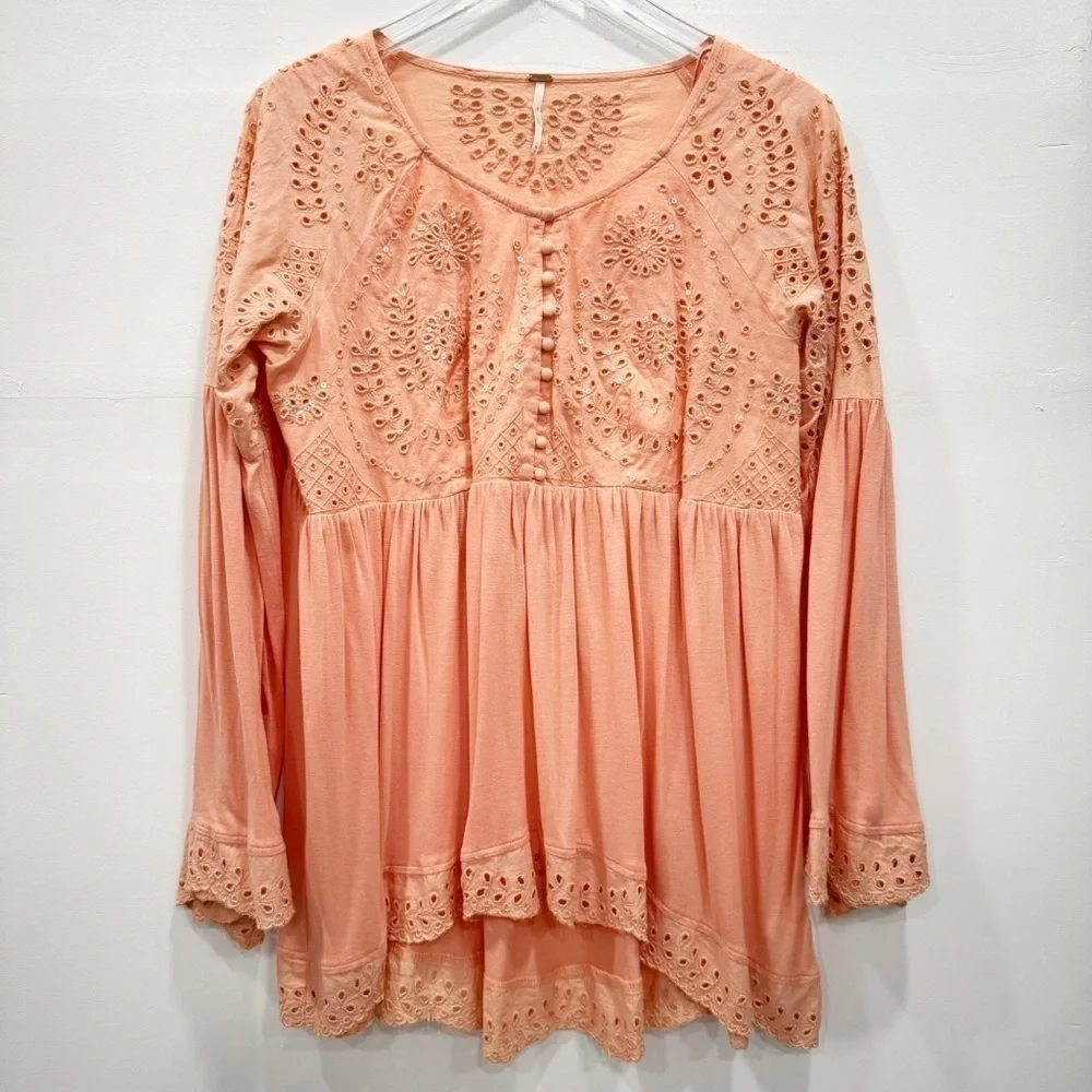 Free People Sea Of Love Top Eyelet Embroidered Fell Sleeve High Low Medium